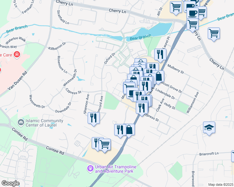 map of restaurants, bars, coffee shops, grocery stores, and more near 14002 Korba Place in Laurel