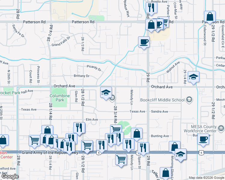 map of restaurants, bars, coffee shops, grocery stores, and more near 547 1/2 28 3/4 Road in Grand Junction