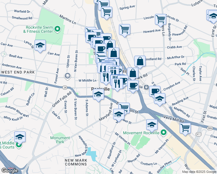 map of restaurants, bars, coffee shops, grocery stores, and more near 24 Courthouse Square in Rockville