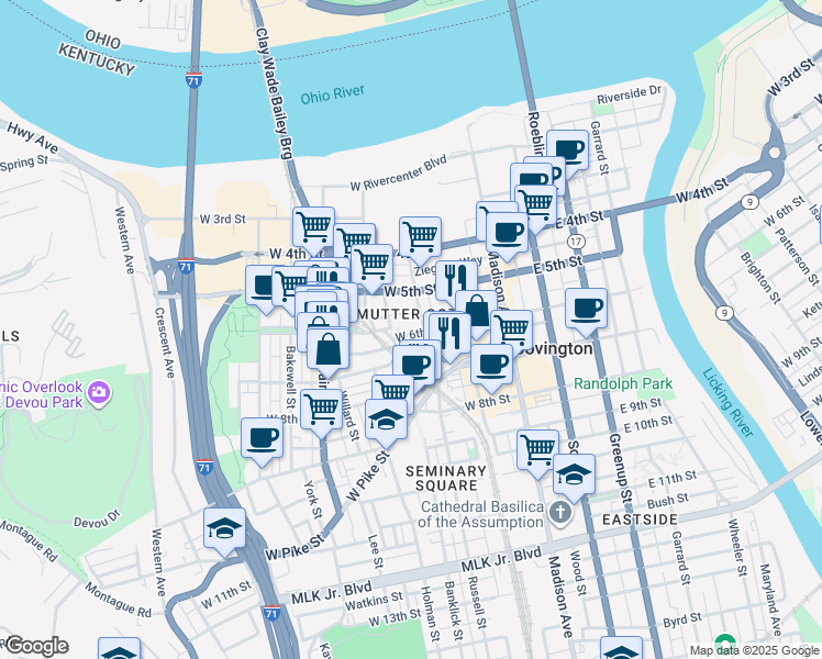 map of restaurants, bars, coffee shops, grocery stores, and more near 225 West 6th Street in Covington