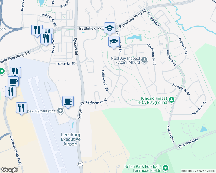 map of restaurants, bars, coffee shops, grocery stores, and more near 706 Galloway Drive Southeast in Leesburg