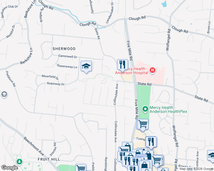 map of restaurants, bars, coffee shops, grocery stores, and more near 1733 Grandle Court in Cincinnati