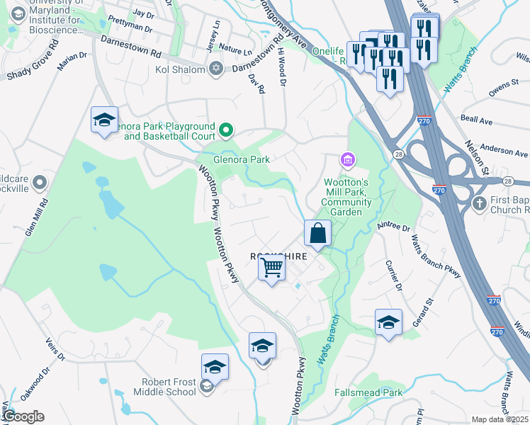 map of restaurants, bars, coffee shops, grocery stores, and more near 7 Hardwicke Place in Rockville