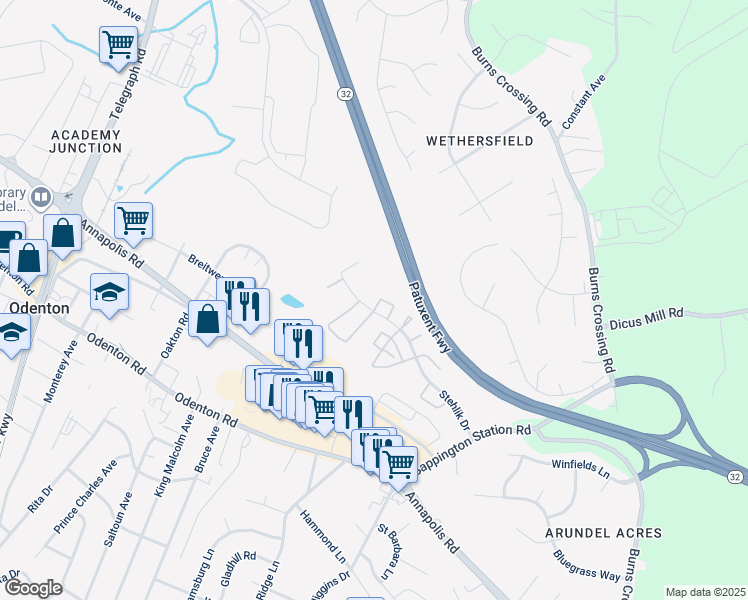 map of restaurants, bars, coffee shops, grocery stores, and more near 546 Greencrest Lane in Odenton