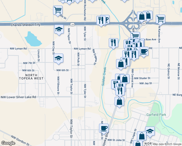 map of restaurants, bars, coffee shops, grocery stores, and more near in Topeka
