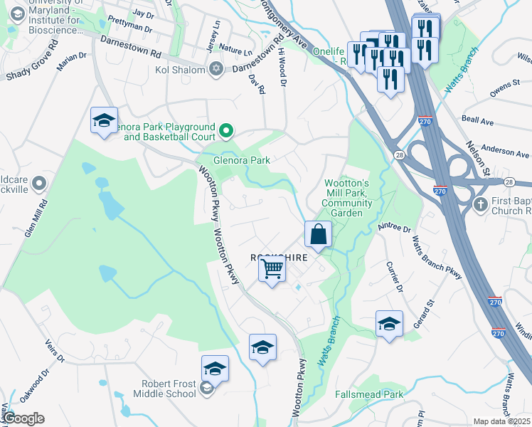 map of restaurants, bars, coffee shops, grocery stores, and more near 7 Hardwicke Place in Rockville