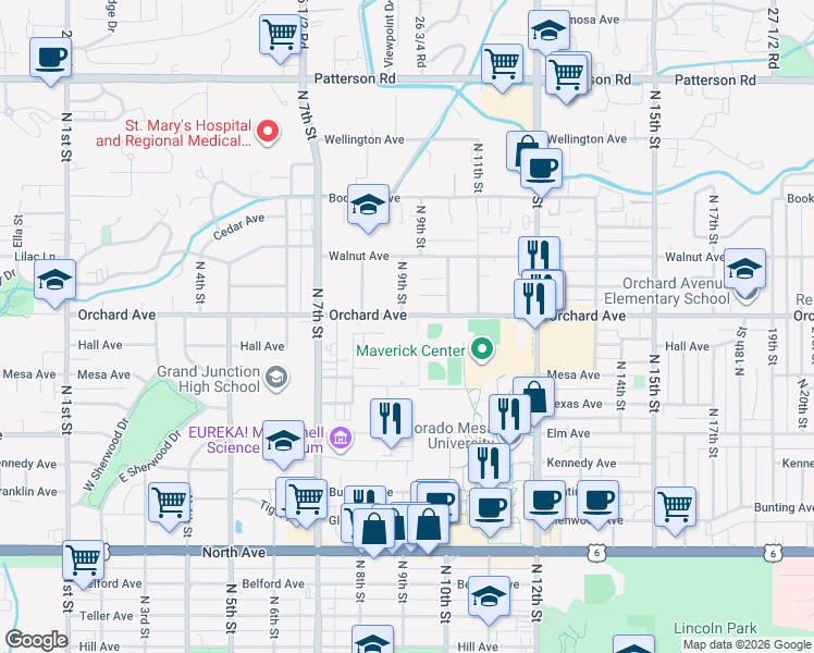 map of restaurants, bars, coffee shops, grocery stores, and more near 911 Orchard Avenue in Grand Junction