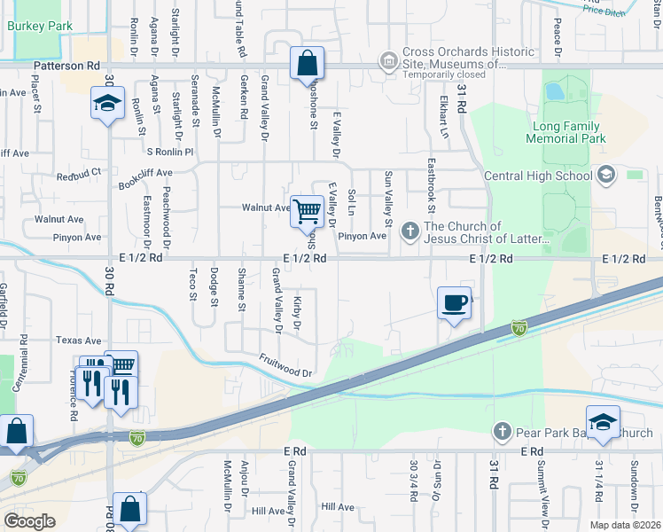 map of restaurants, bars, coffee shops, grocery stores, and more near 547 East Valley Drive in Grand Junction