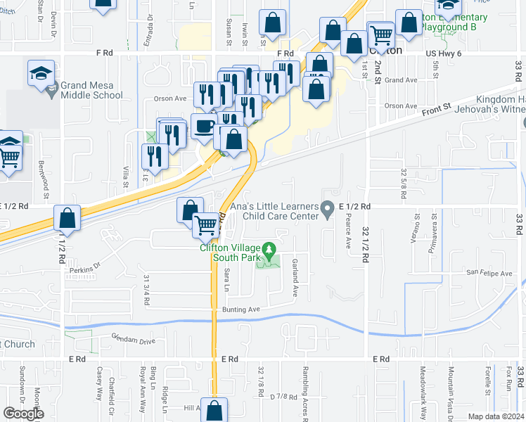 map of restaurants, bars, coffee shops, grocery stores, and more near 544 Coronado Court in Clifton