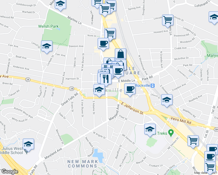 map of restaurants, bars, coffee shops, grocery stores, and more near in Rockville