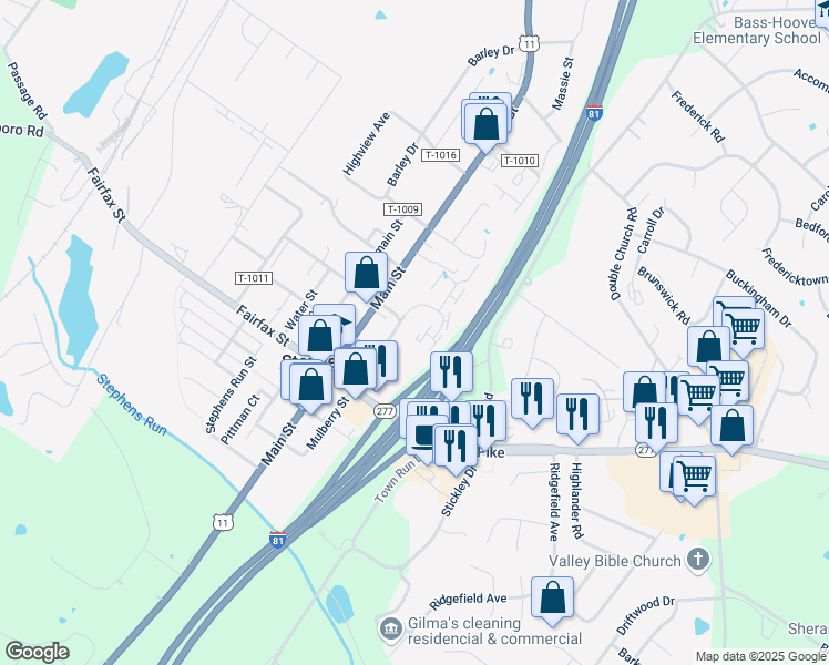 map of restaurants, bars, coffee shops, grocery stores, and more near 5306 Mulberry Court in Stephens City