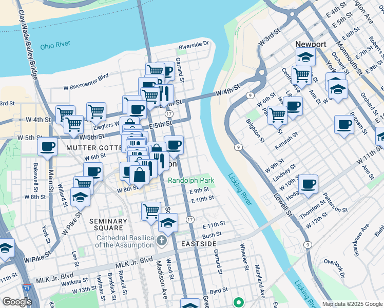 map of restaurants, bars, coffee shops, grocery stores, and more near 703 Garrard Street in Covington