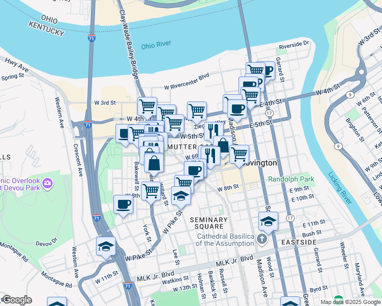 map of restaurants, bars, coffee shops, grocery stores, and more near 225 West 6th Street in Covington