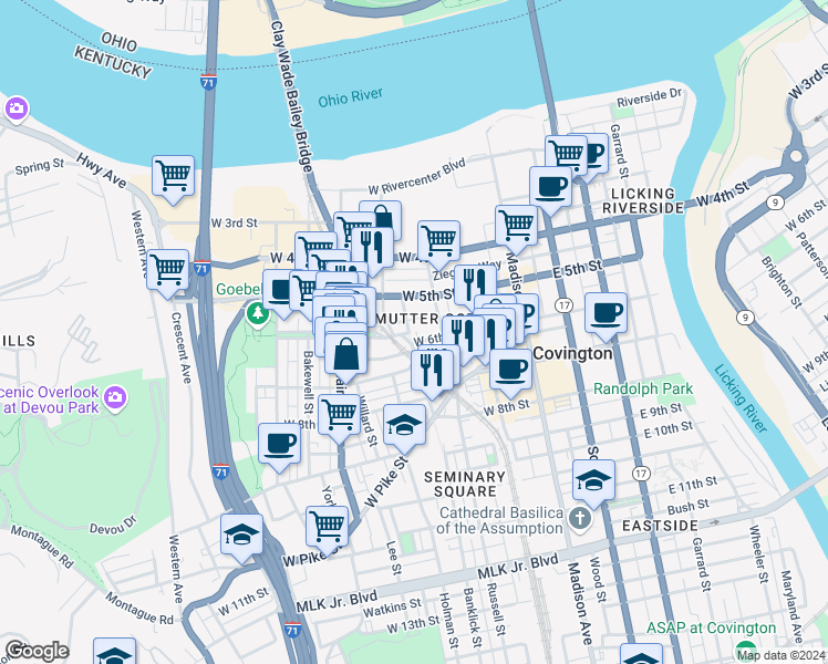 map of restaurants, bars, coffee shops, grocery stores, and more near 225 West 6th Street in Covington