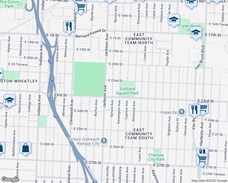 map of restaurants, bars, coffee shops, grocery stores, and more near 2254 Spruce Avenue in Kansas City