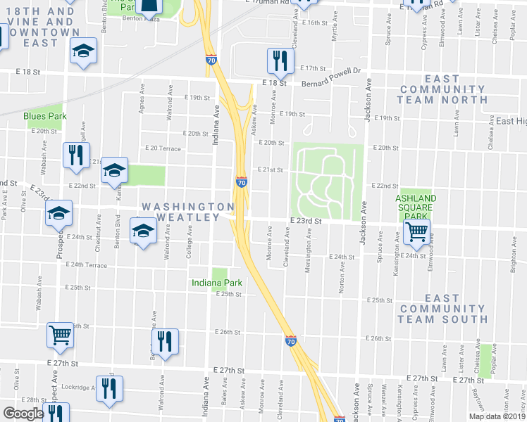 map of restaurants, bars, coffee shops, grocery stores, and more near 2231 Askew Avenue in Kansas City