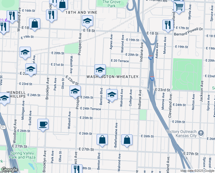 map of restaurants, bars, coffee shops, grocery stores, and more near 2306 Agnes Avenue in Kansas City