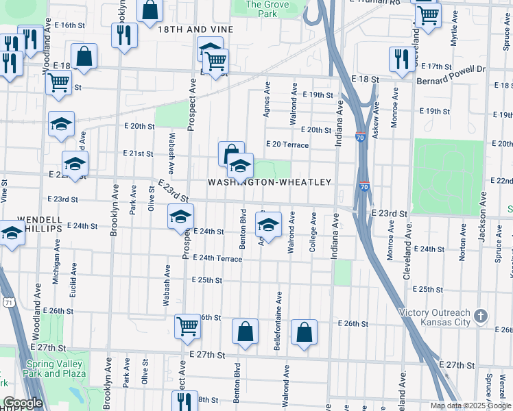map of restaurants, bars, coffee shops, grocery stores, and more near 2306 Agnes Avenue in Kansas City