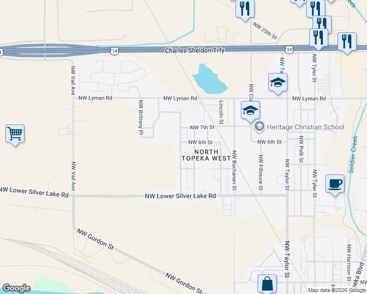 map of restaurants, bars, coffee shops, grocery stores, and more near 1901-1945 NW Winter St in Topeka