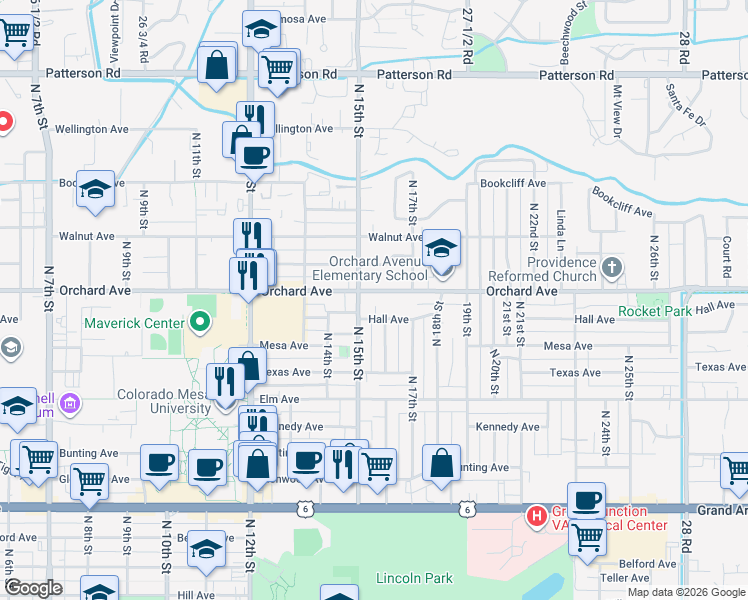 map of restaurants, bars, coffee shops, grocery stores, and more near 1820 North 15th Street in Grand Junction