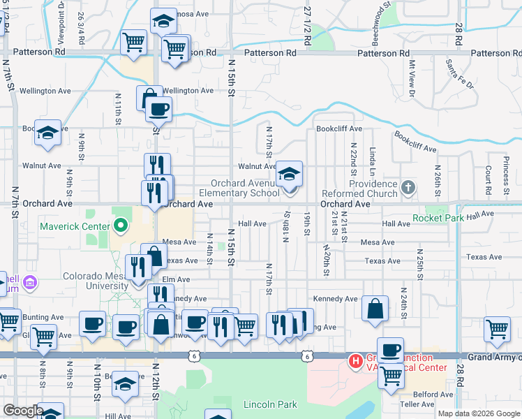 map of restaurants, bars, coffee shops, grocery stores, and more near 1625 Orchard Avenue in Grand Junction