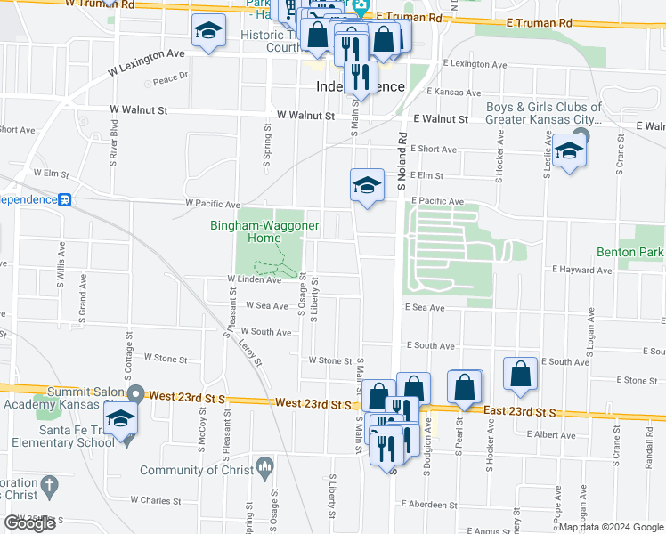 map of restaurants, bars, coffee shops, grocery stores, and more near 132 West Linden Avenue in Independence