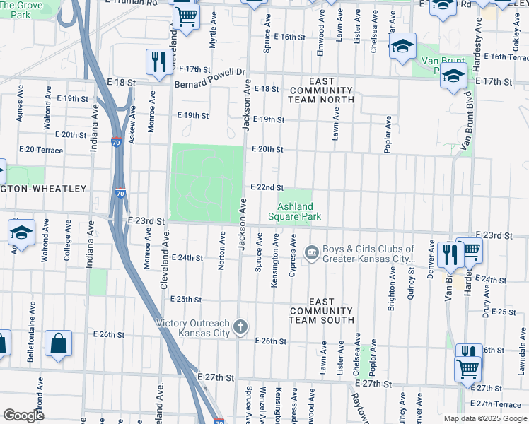 map of restaurants, bars, coffee shops, grocery stores, and more near 2254 Spruce Avenue in Kansas City