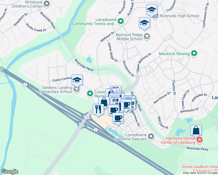 map of restaurants, bars, coffee shops, grocery stores, and more near 19201 Sweig Terrace in Leesburg