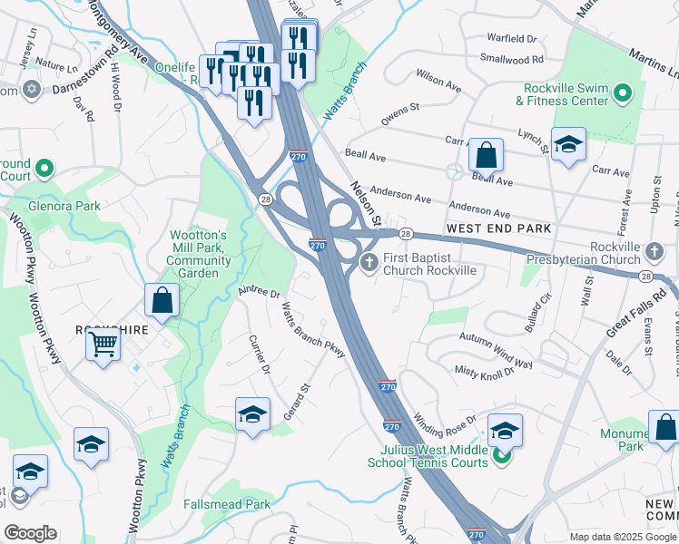 map of restaurants, bars, coffee shops, grocery stores, and more near Interstate 270 in Rockville