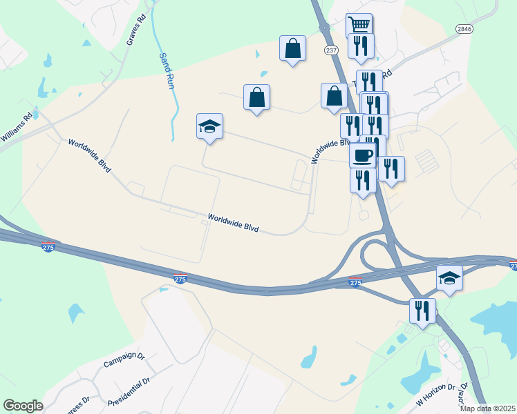 map of restaurants, bars, coffee shops, grocery stores, and more near 1200 Worldwide Blvd in Boone