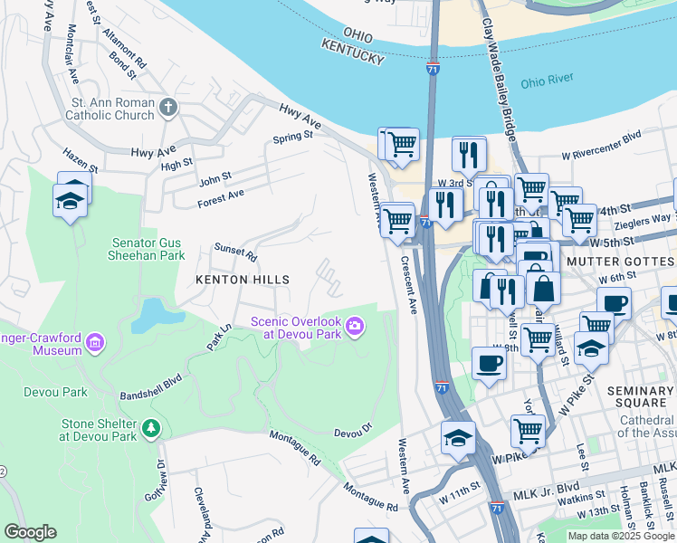 map of restaurants, bars, coffee shops, grocery stores, and more near 107 Winding Way in Covington