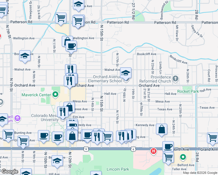map of restaurants, bars, coffee shops, grocery stores, and more near 1620 Hall Avenue in Grand Junction