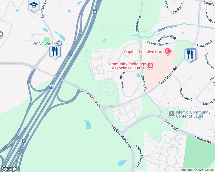 map of restaurants, bars, coffee shops, grocery stores, and more near 14722 Spring Haven Lane in Laurel