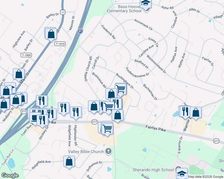 map of restaurants, bars, coffee shops, grocery stores, and more near 109 Warren Circle in Stephens City