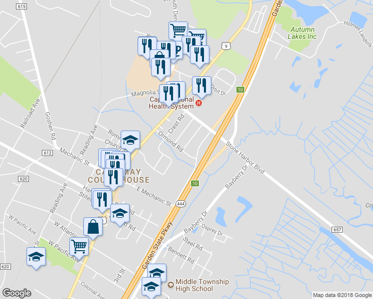 map of restaurants, bars, coffee shops, grocery stores, and more near 208 Fairmont Road in Middle Township