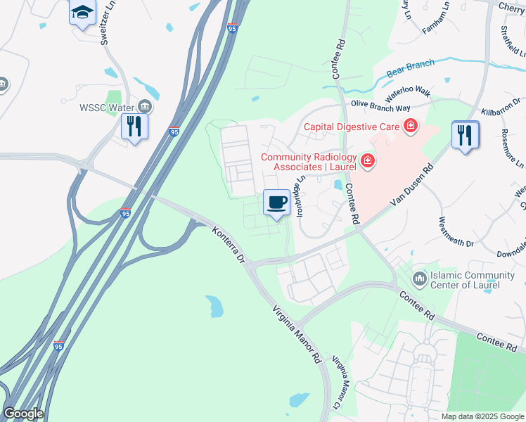 map of restaurants, bars, coffee shops, grocery stores, and more near 14722 Spring Haven Lane in Laurel