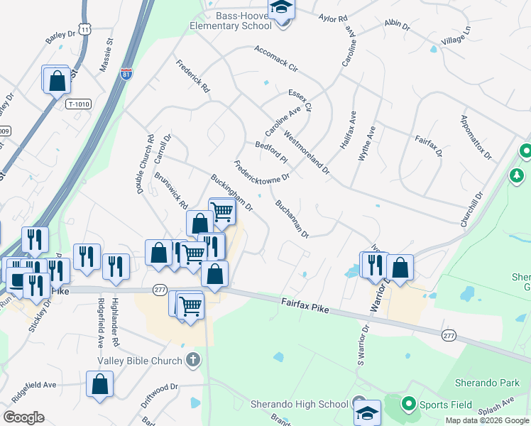 map of restaurants, bars, coffee shops, grocery stores, and more near 201 Buckingham Drive in Stephens City