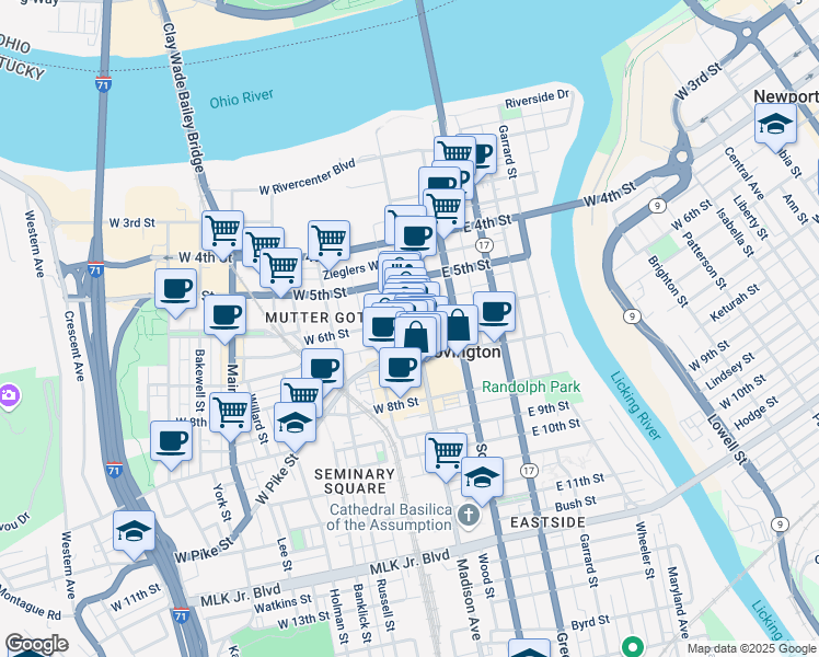 map of restaurants, bars, coffee shops, grocery stores, and more near 29 East Pike Street in Covington