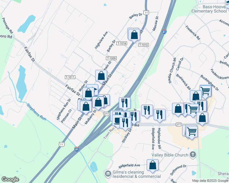 map of restaurants, bars, coffee shops, grocery stores, and more near 5301 Berkshire Court in Stephens City