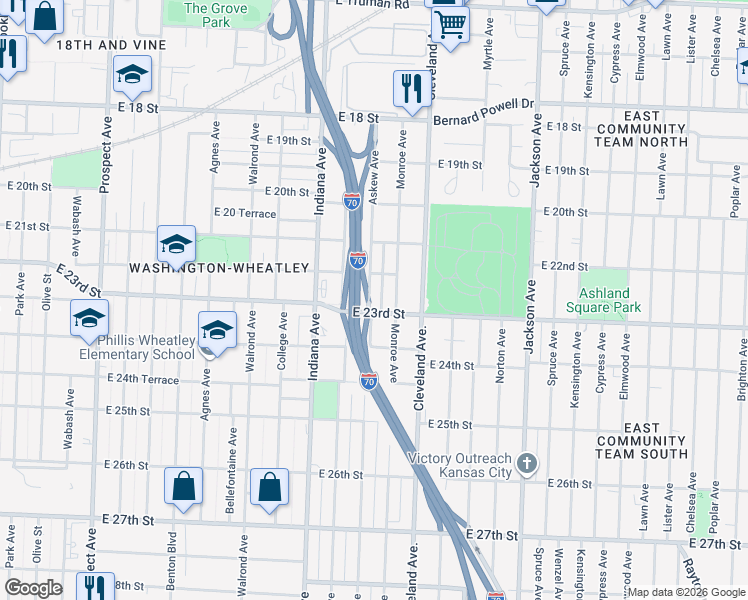 map of restaurants, bars, coffee shops, grocery stores, and more near 2221 Askew Avenue in Kansas City