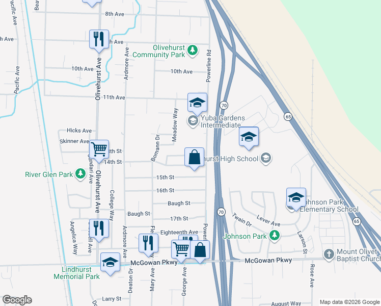 map of restaurants, bars, coffee shops, grocery stores, and more near 1953 Glenmore Drive in Olivehurst
