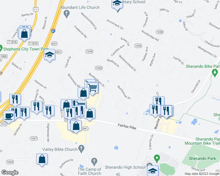 map of restaurants, bars, coffee shops, grocery stores, and more near 151 Buckingham Drive in Stephens City