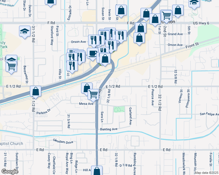 map of restaurants, bars, coffee shops, grocery stores, and more near 566-598 32 1/8 Road in Clifton
