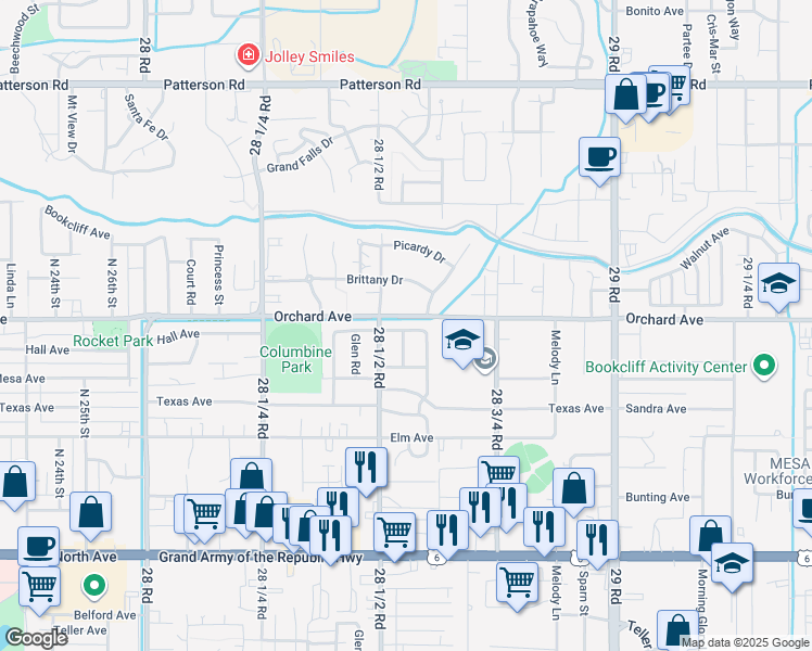 map of restaurants, bars, coffee shops, grocery stores, and more near 546-548 Wasatch Street in Grand Junction