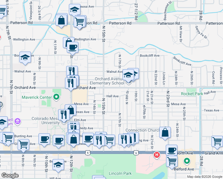 map of restaurants, bars, coffee shops, grocery stores, and more near 1620 Hall Avenue in Grand Junction