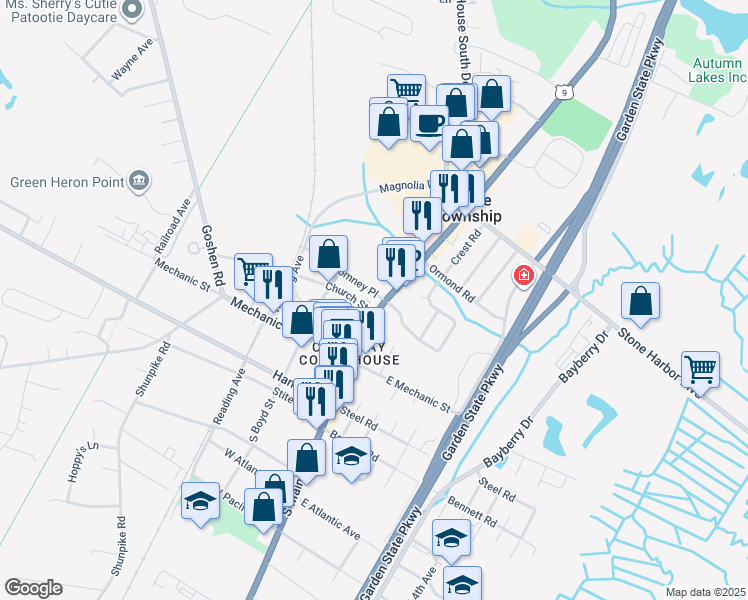 map of restaurants, bars, coffee shops, grocery stores, and more near 10 North Boyd Street in Middle Township