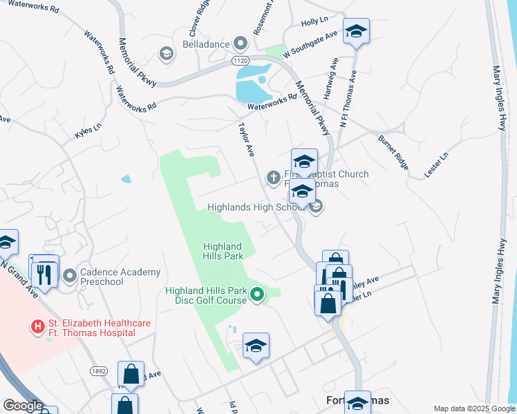 map of restaurants, bars, coffee shops, grocery stores, and more near 22 Walters Lane in Fort Thomas