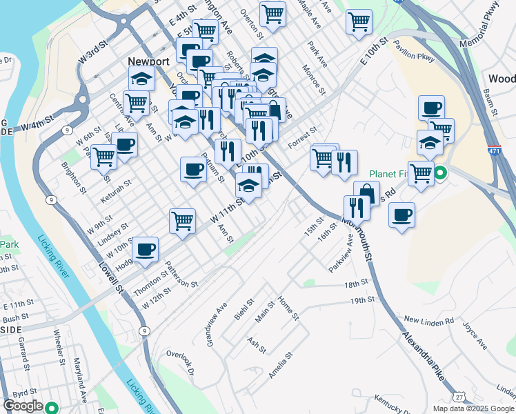 map of restaurants, bars, coffee shops, grocery stores, and more near 1141 York Street in Newport