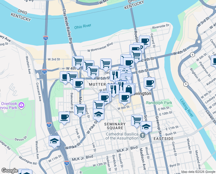 map of restaurants, bars, coffee shops, grocery stores, and more near 121 West 6th Street in Covington
