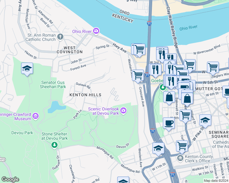 map of restaurants, bars, coffee shops, grocery stores, and more near 114 Winding Way in Covington
